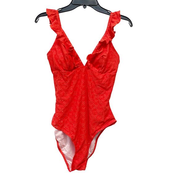 Cupshe Women's Alegria Eyelet Ruffle One Piece Swimsuit Red Size Medium - Picture 1 of 7
